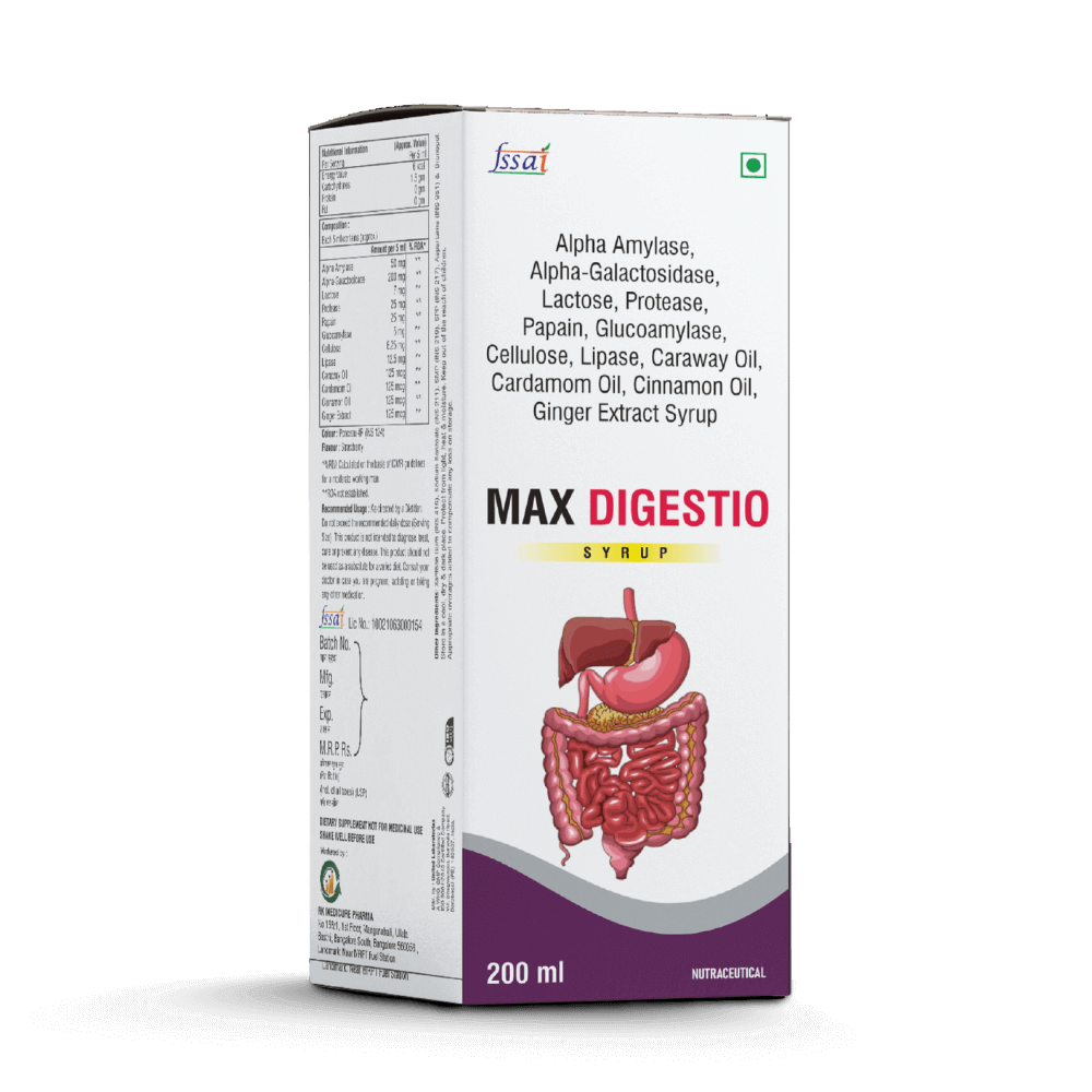 Max Digestio syrup bottle with digestive enzyme illustration
